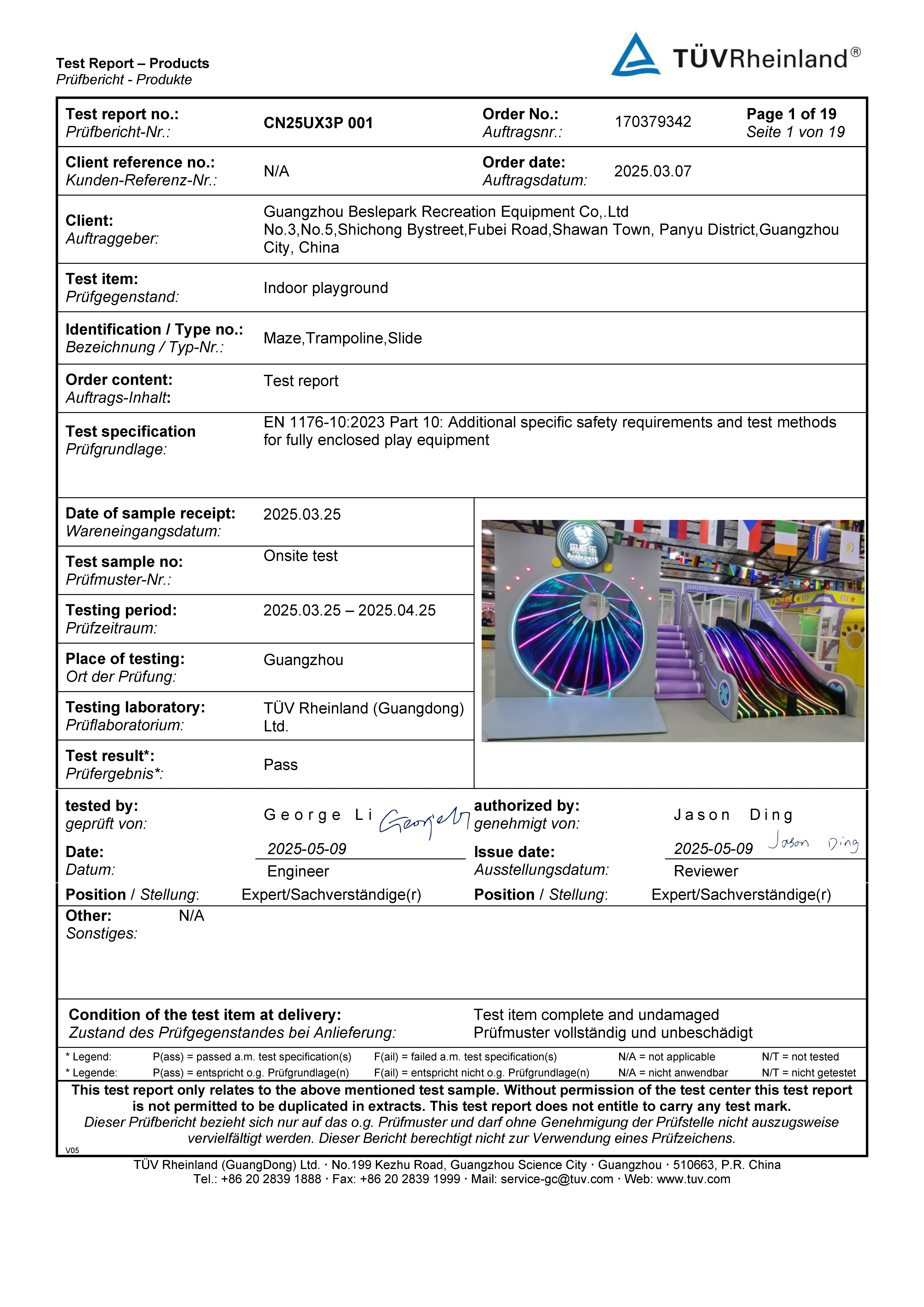 <br>TUV TEST REPORT<br>Indoor playground - Maze, Trampoline, Slide<br>EN 1176-10:2023<br>Part 10: Additional specific safety requirements<br>and test methods for fully enclosed play equipment<br>Test Result: Pass<br>