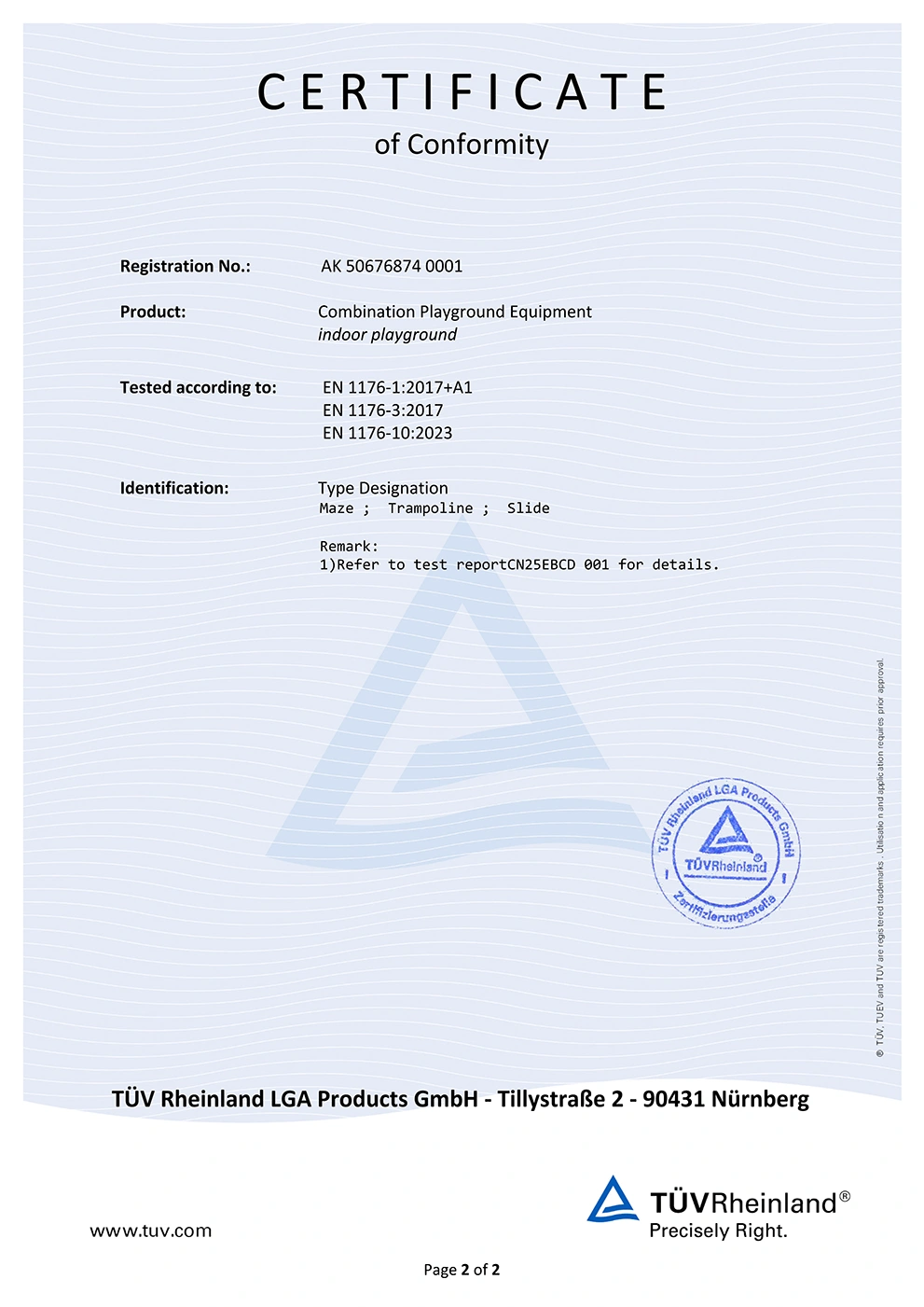 <br>TUV Certificate of Conformity<br>Type designation - Maze; Trampoline; Slide<br>