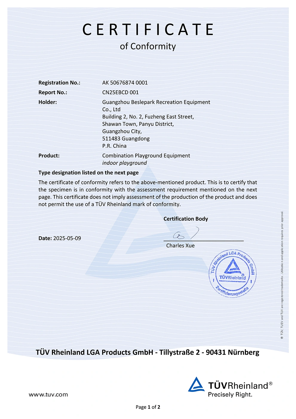 <br>TUV Certificate of Conformity <br>Product - Combination Playground Equipment indoor playground<br>