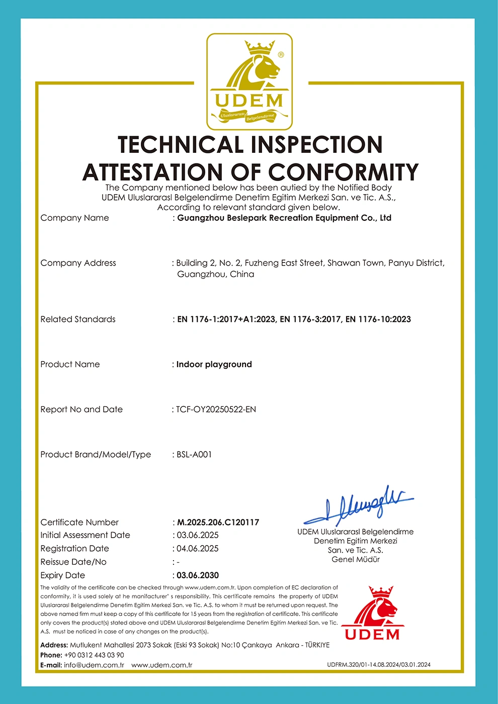 <br>UDEM Technical Inspection Attestation of Conformity<br>Product: Indoor playground